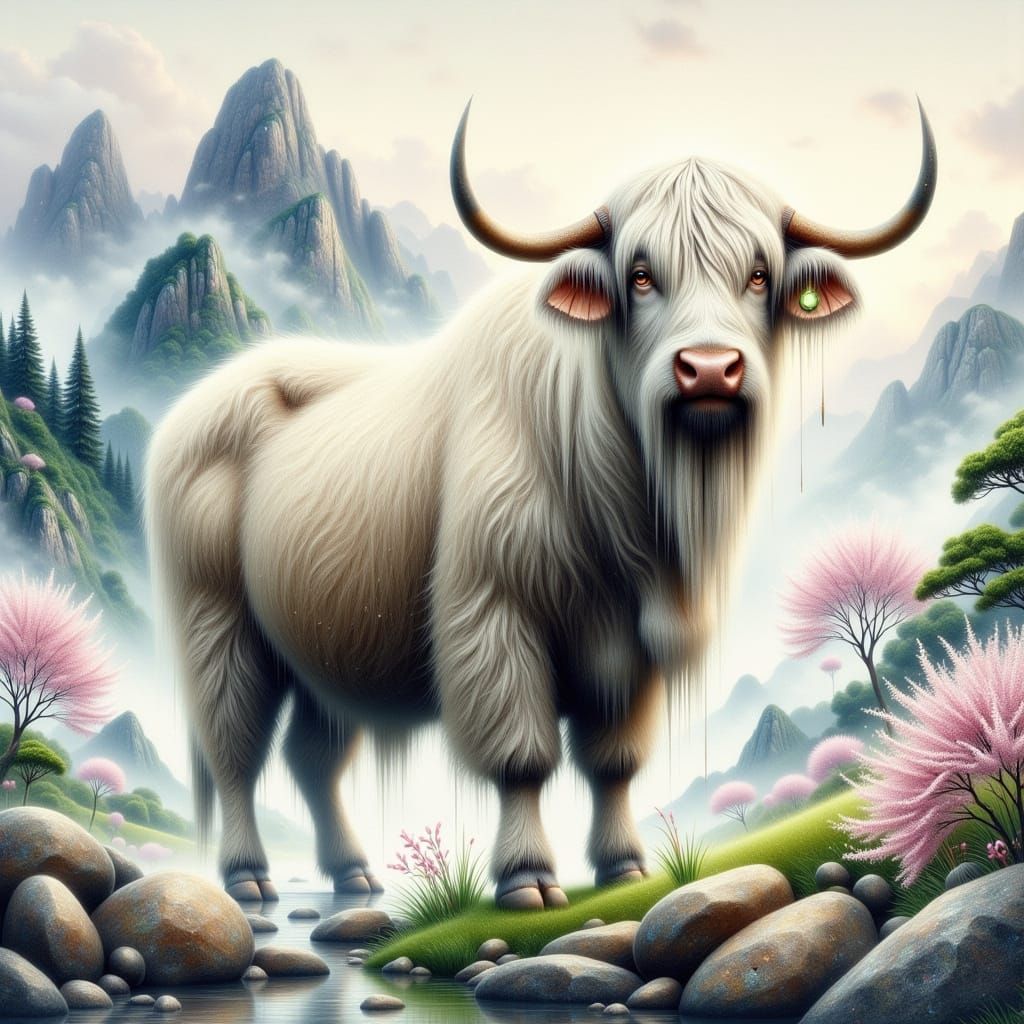 Majestic Yang-Ox in Serene Mountain Landscape