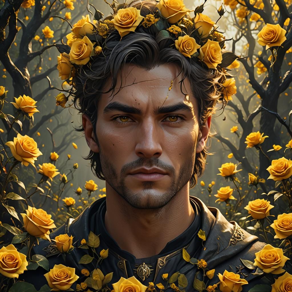 Handsome Man Surrounded by Yellow Roses