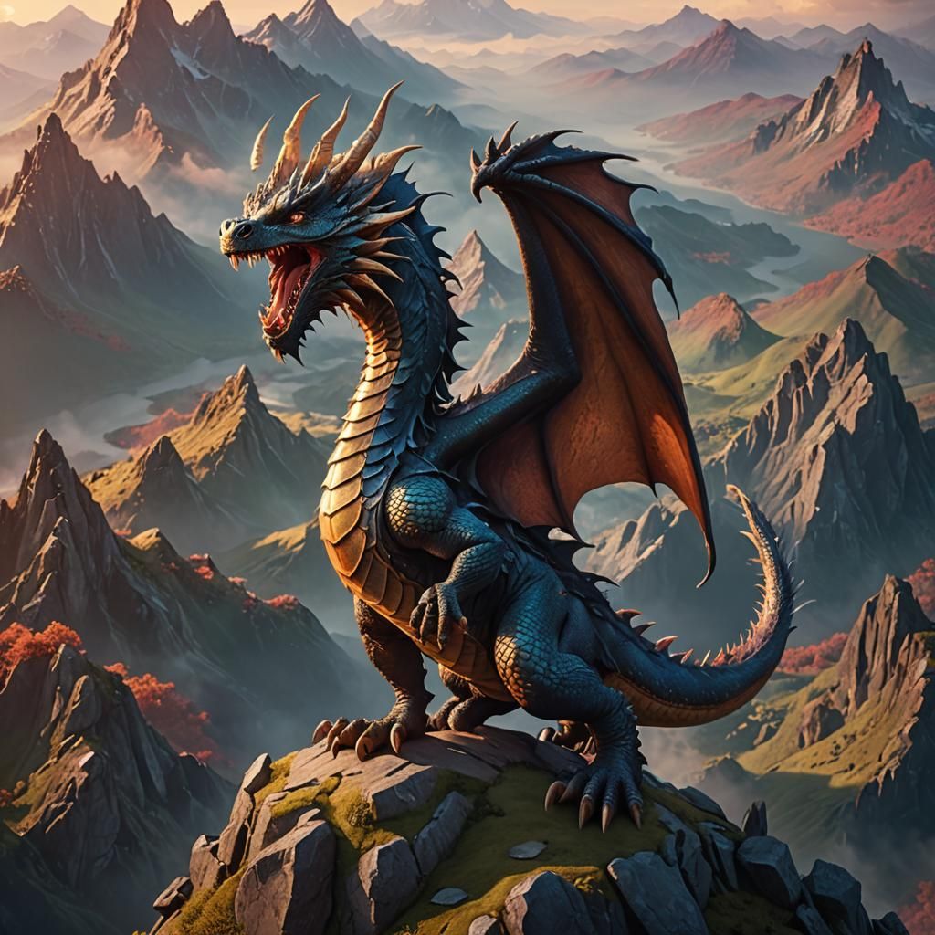 Detailed 3D Dragon on Mountain Peak