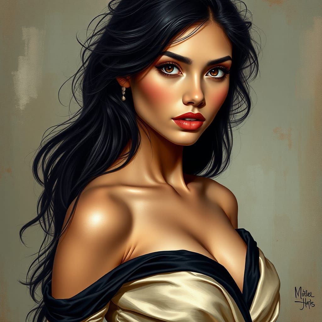 Elegant Latina Goddess in Black and Beige Satin