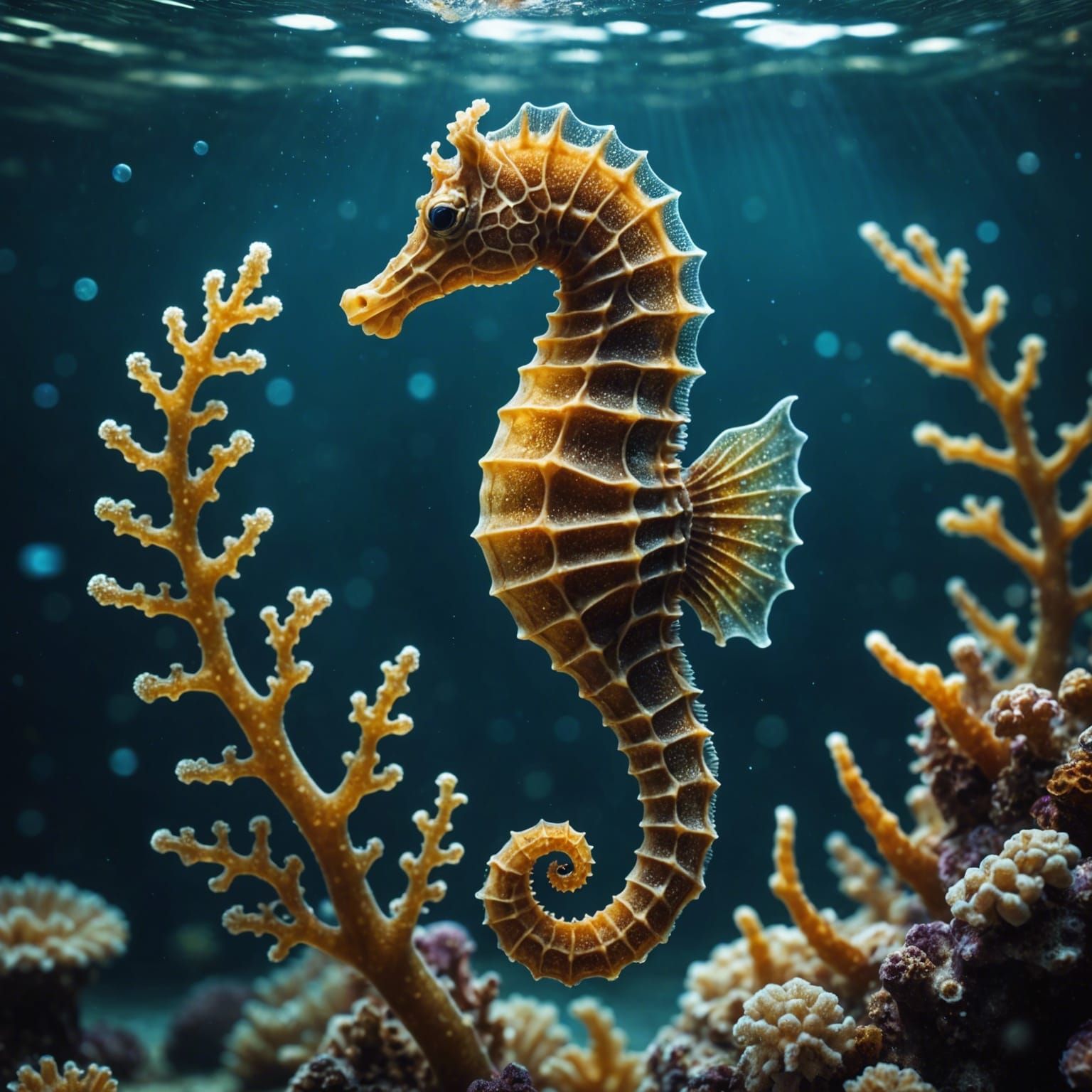 Hyperrealistic Seahorse in Bubbly Sea World