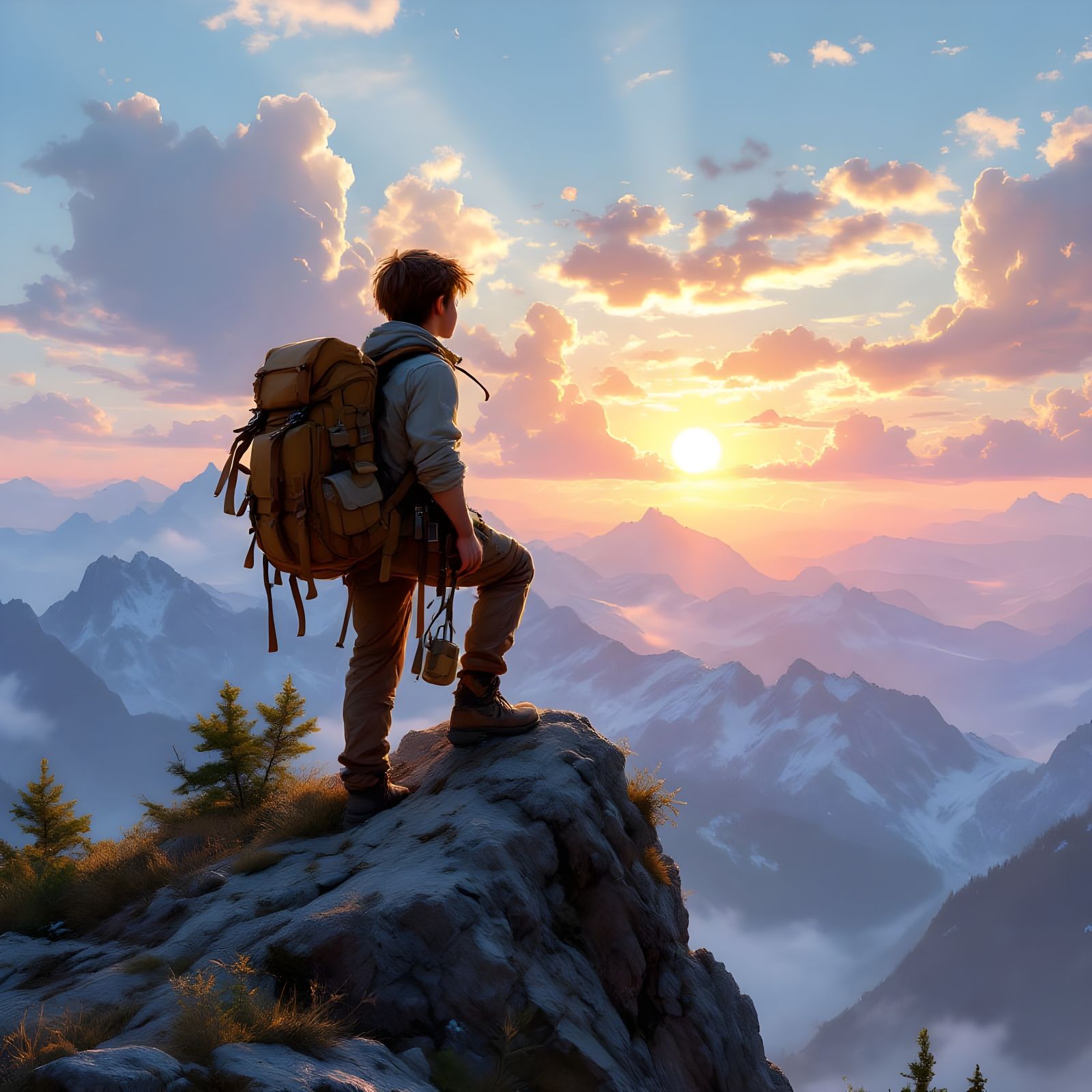 Mountain Sunrise Adventurer in the Wilderness