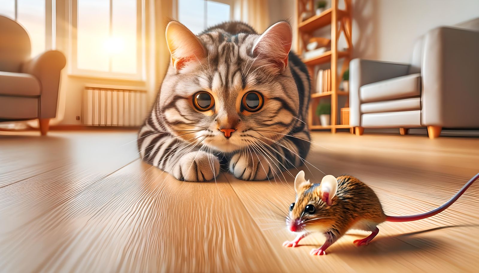 Cat About to Pounce on Mouse in Living Room