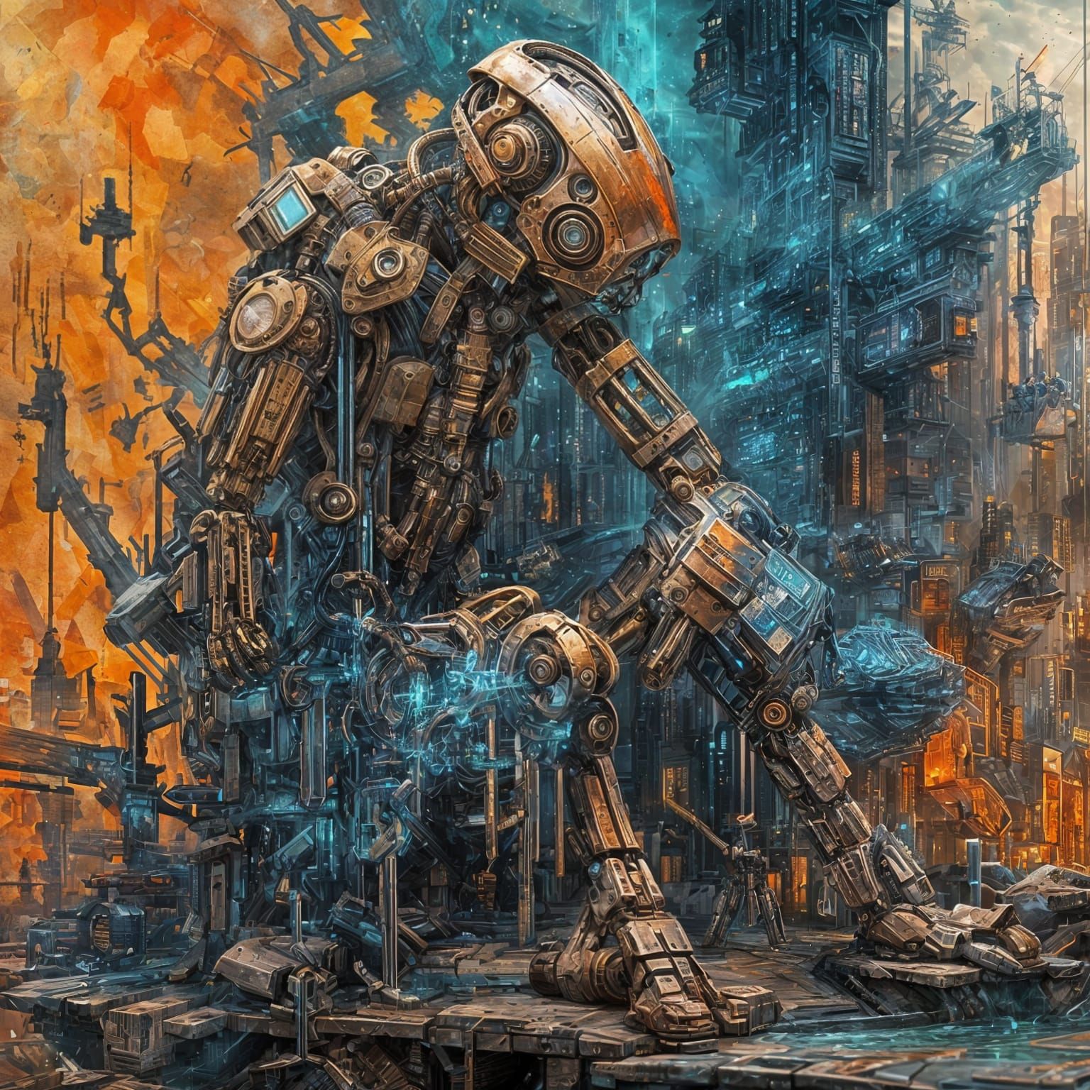 Cyberpunk Android Dissolving into Data Stream