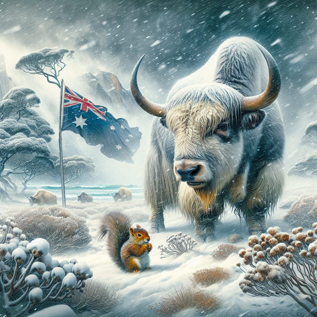 Hyper-Realistic Yak and Squirrel in a Blizzard Landscape