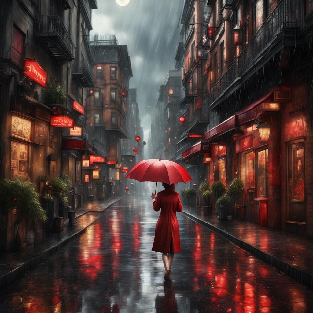 Raindrop Rhonda in City Streets With Red Umbrella