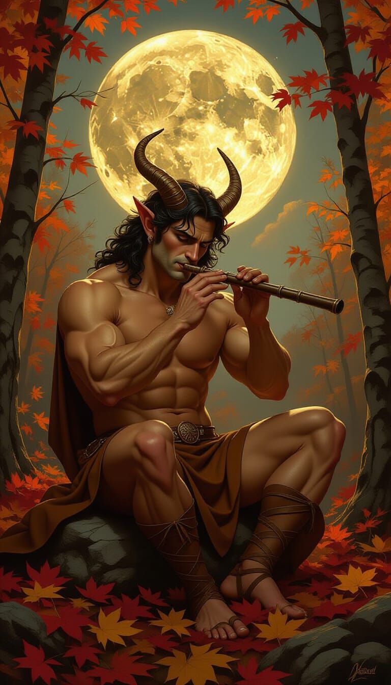 Muscular Satyr Plays Pan Flute Under Harvest Moon