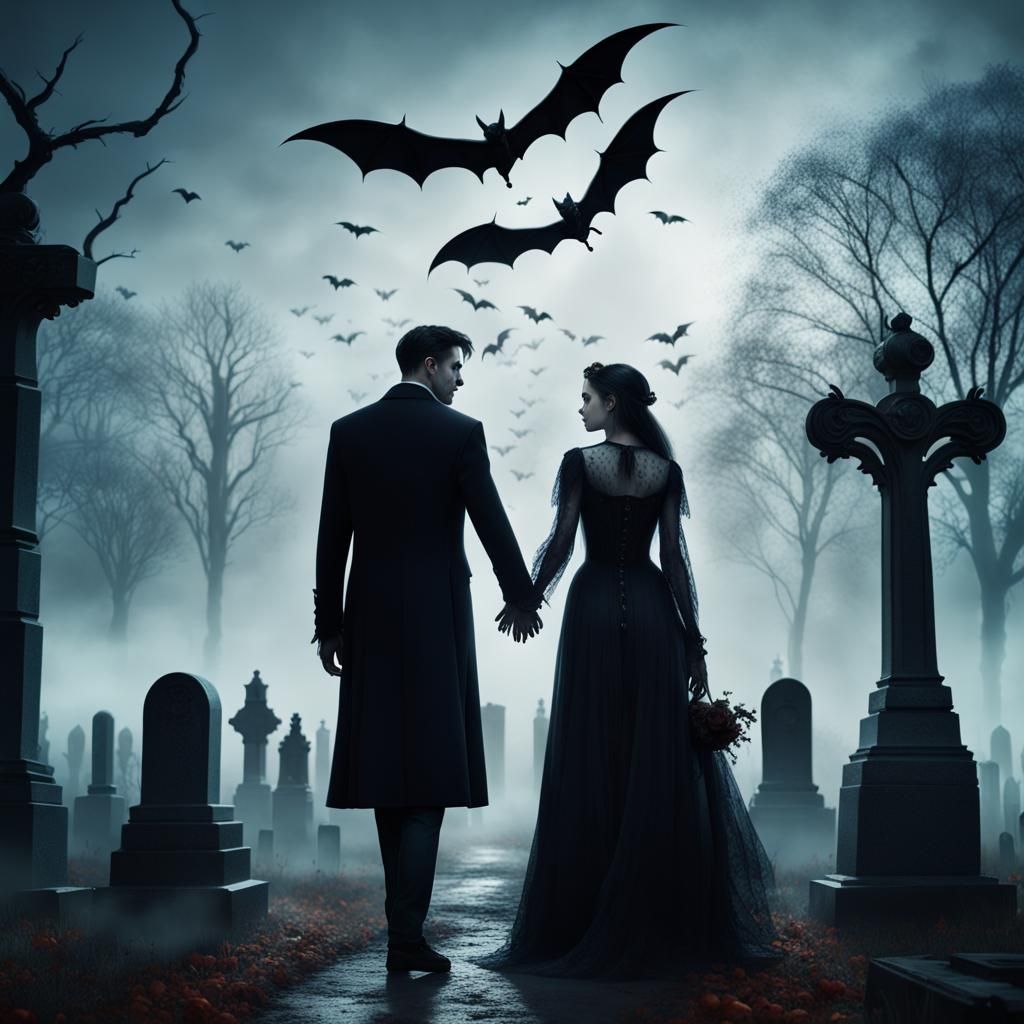 Gothic Couple in Cemetery with Bats