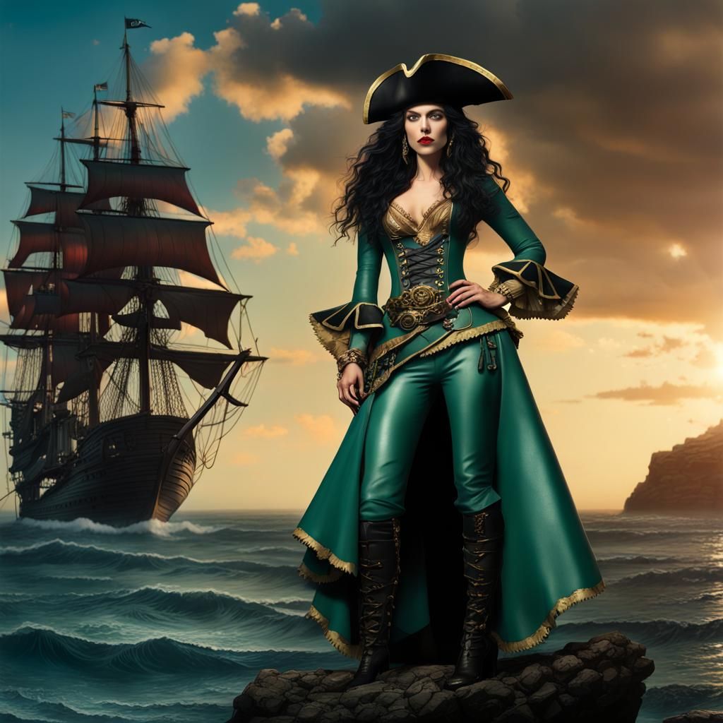 Pirate Woman on Cliff at Dusk in Fantasy Art