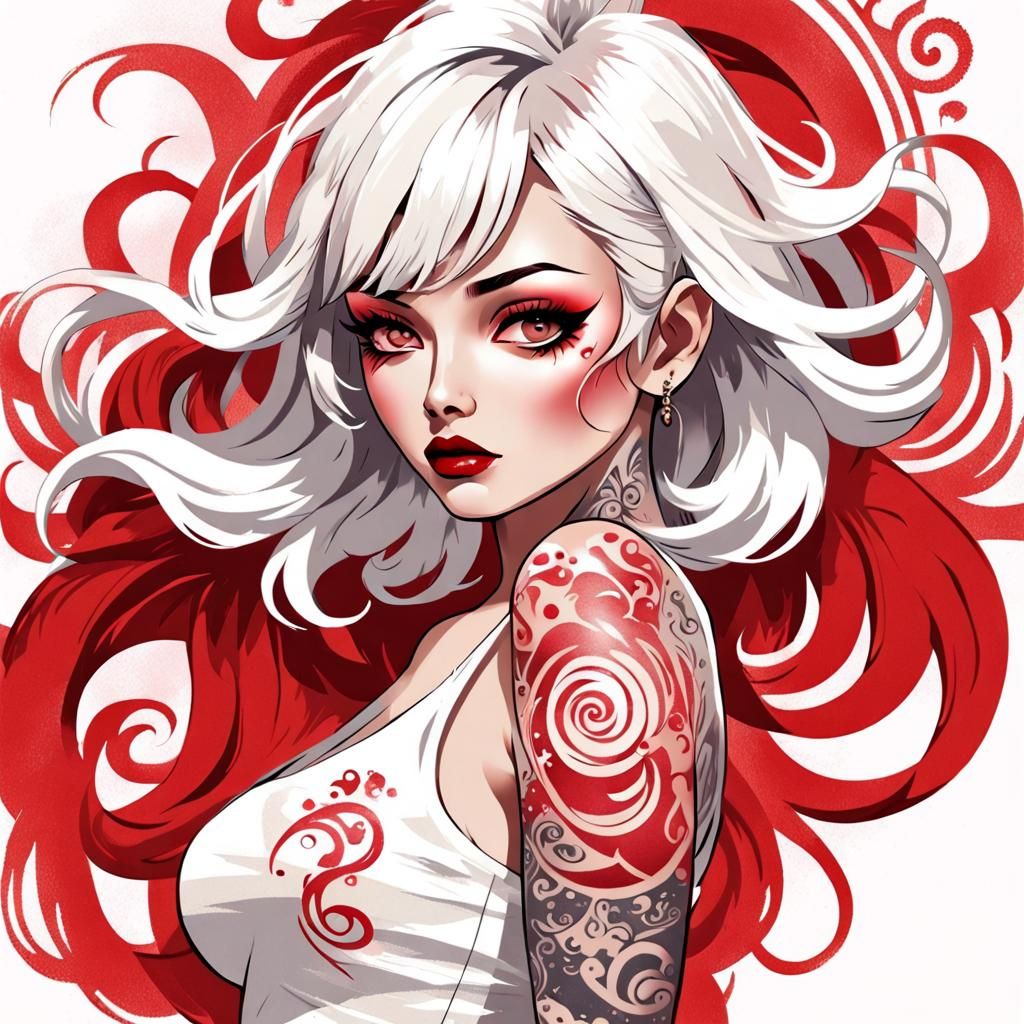 Silkscreen Beauty: Tattooed Model with Colored Hair