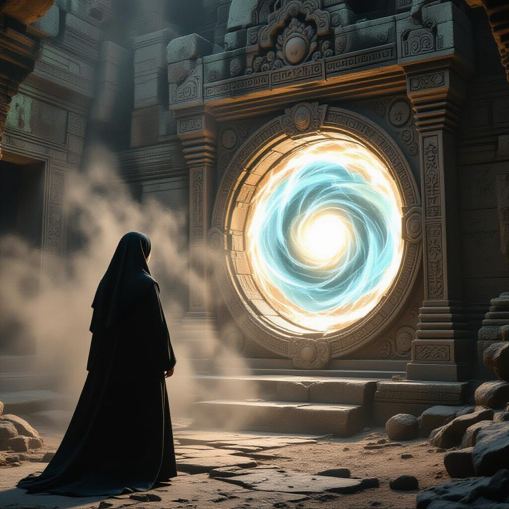 Nun Gazes Into Portal at Ancient Temple Precipice