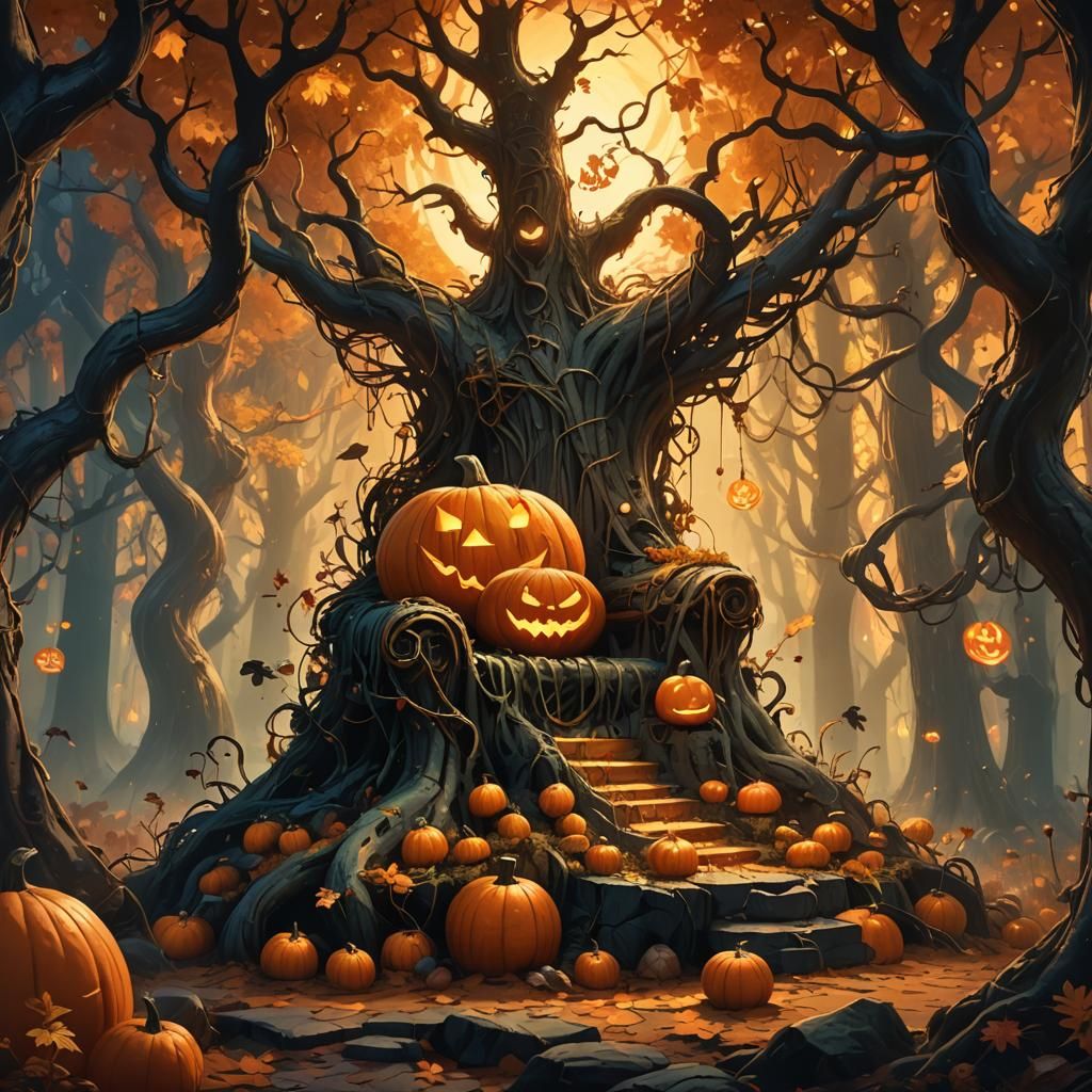 The Great Pumpkin on Throne in Mystical Forest