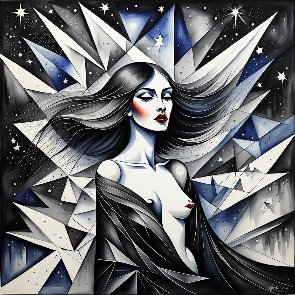Abstract Cubist Woman Under Starry Watercolor Sky