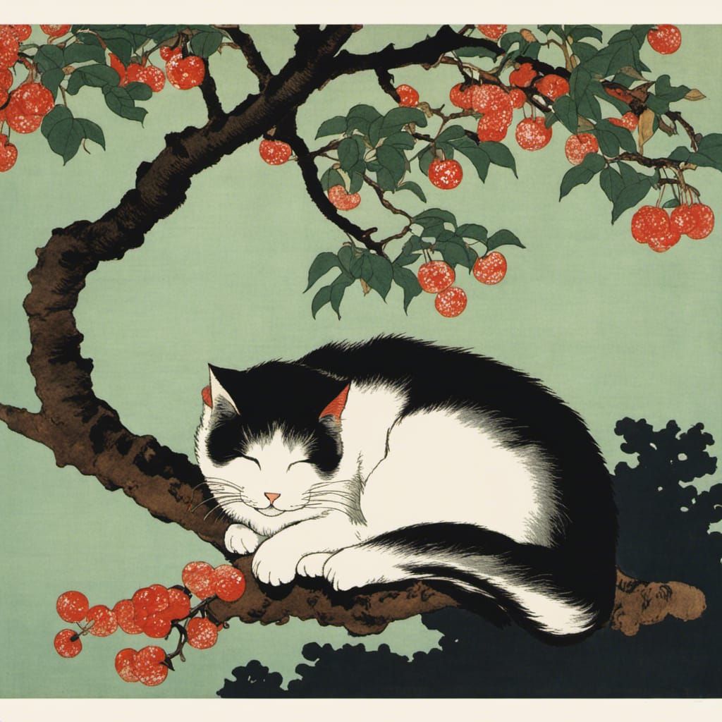 Cat Sleeping Under Cherry Tree in Hokusai Style
