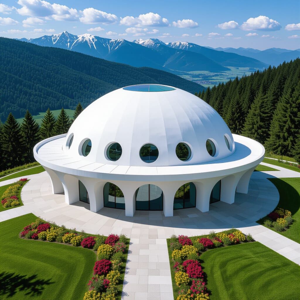 Domed Building with Awning in Bird's-Eye View