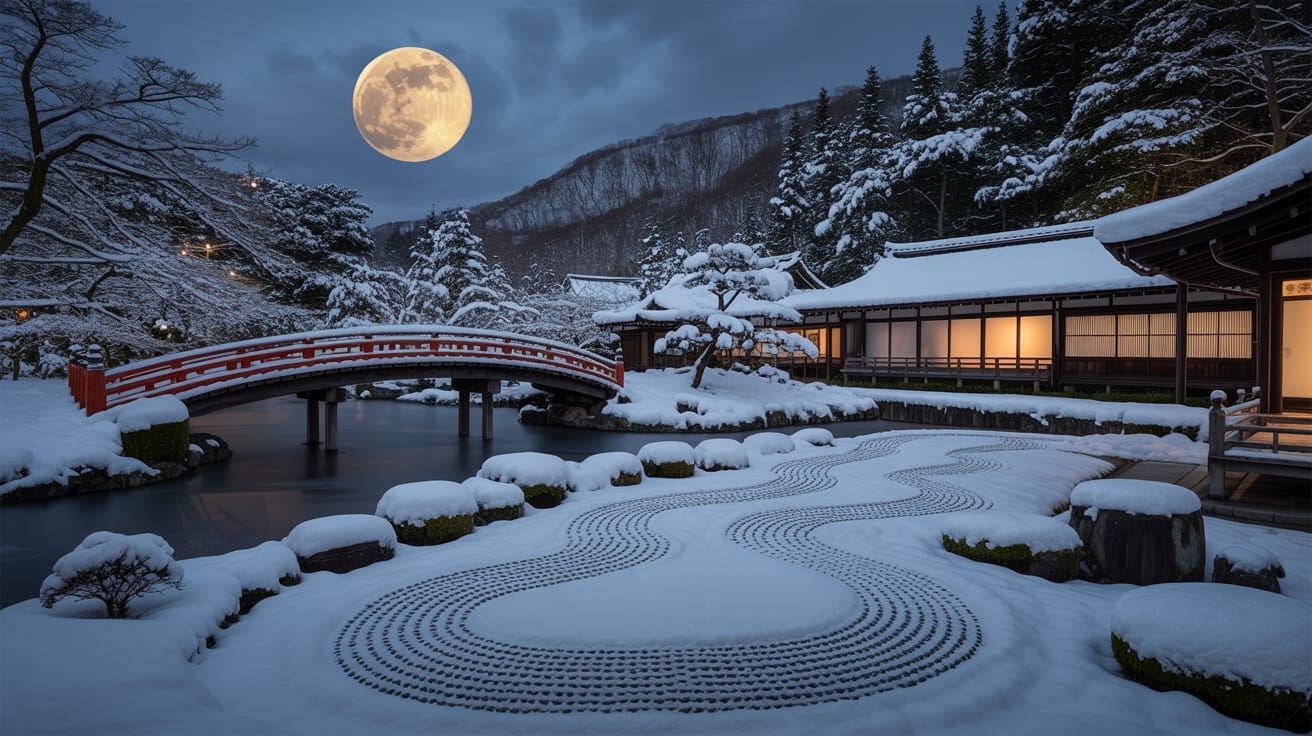 Snowy Zen Garden Under Full Moon