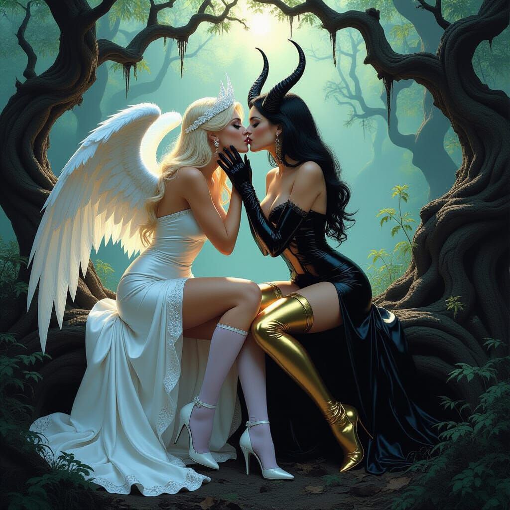 Angelic Lady Kissing Demon in Dark Forest
