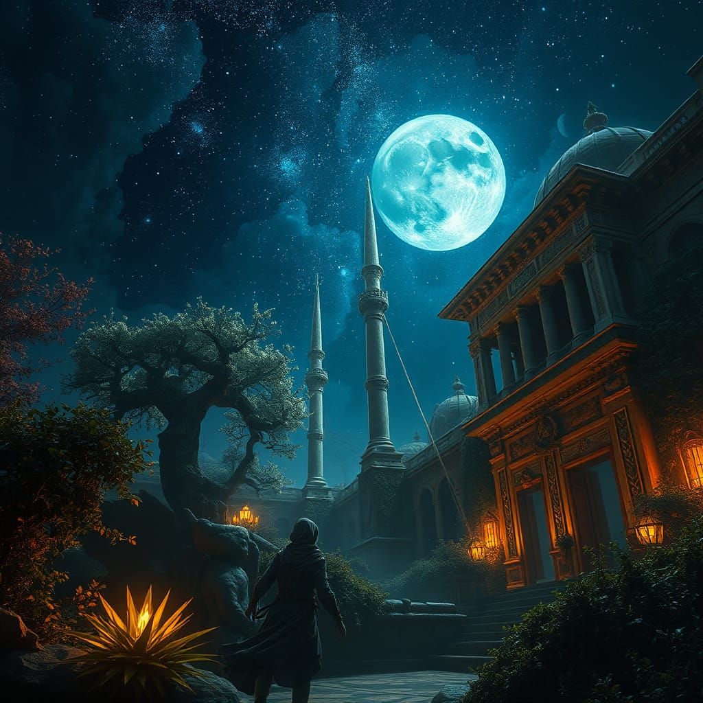 Mystical Starry Night Fantasy Scene in Renaissance Style
