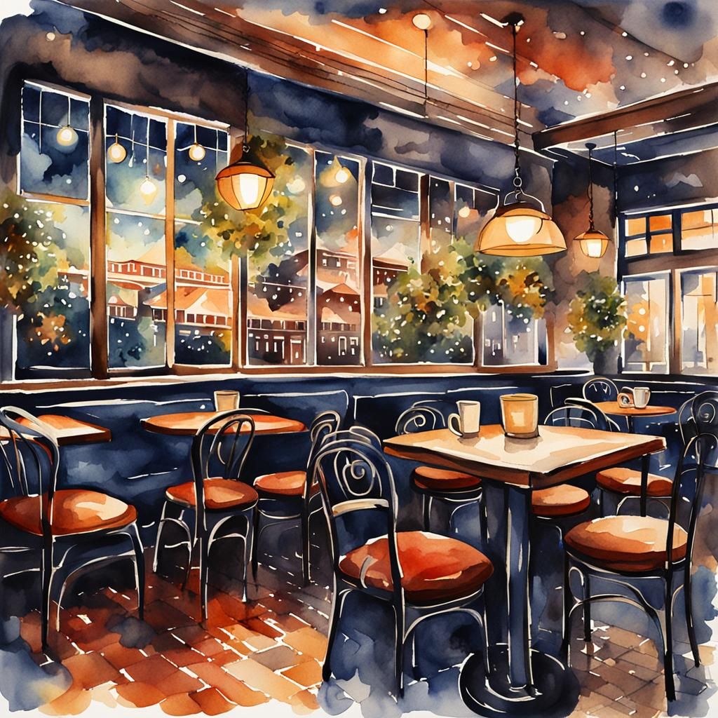 Romantic Night Cafe in Watercolor Style