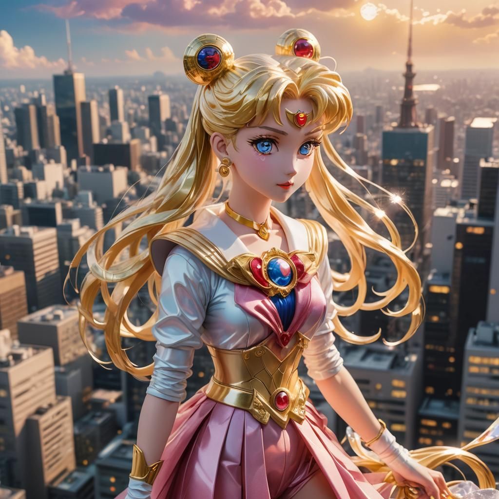 Sailor Moon Over Dreamy Tokyo Cityscape