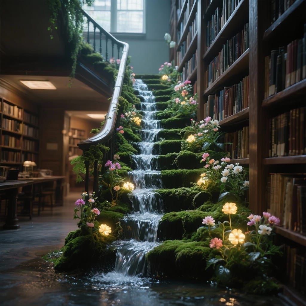 Magical Water Staircase in Enchanted Library