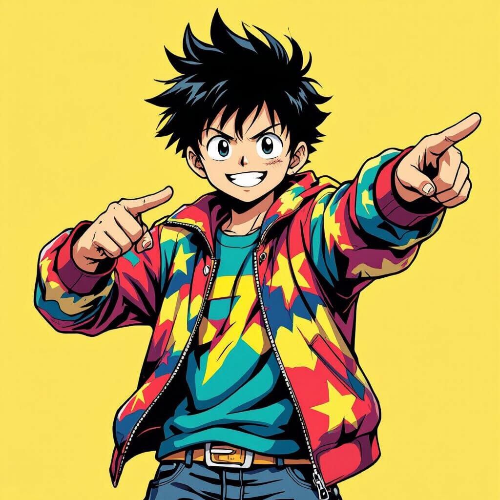 Anime Boy Heroically Pointing Right in Vibrant Style