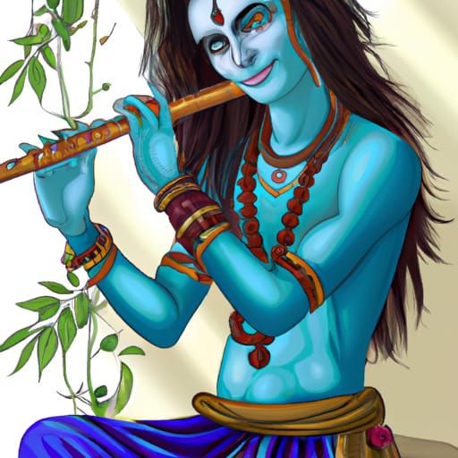 Krishna Playing Bamboo Flute with Third Eye