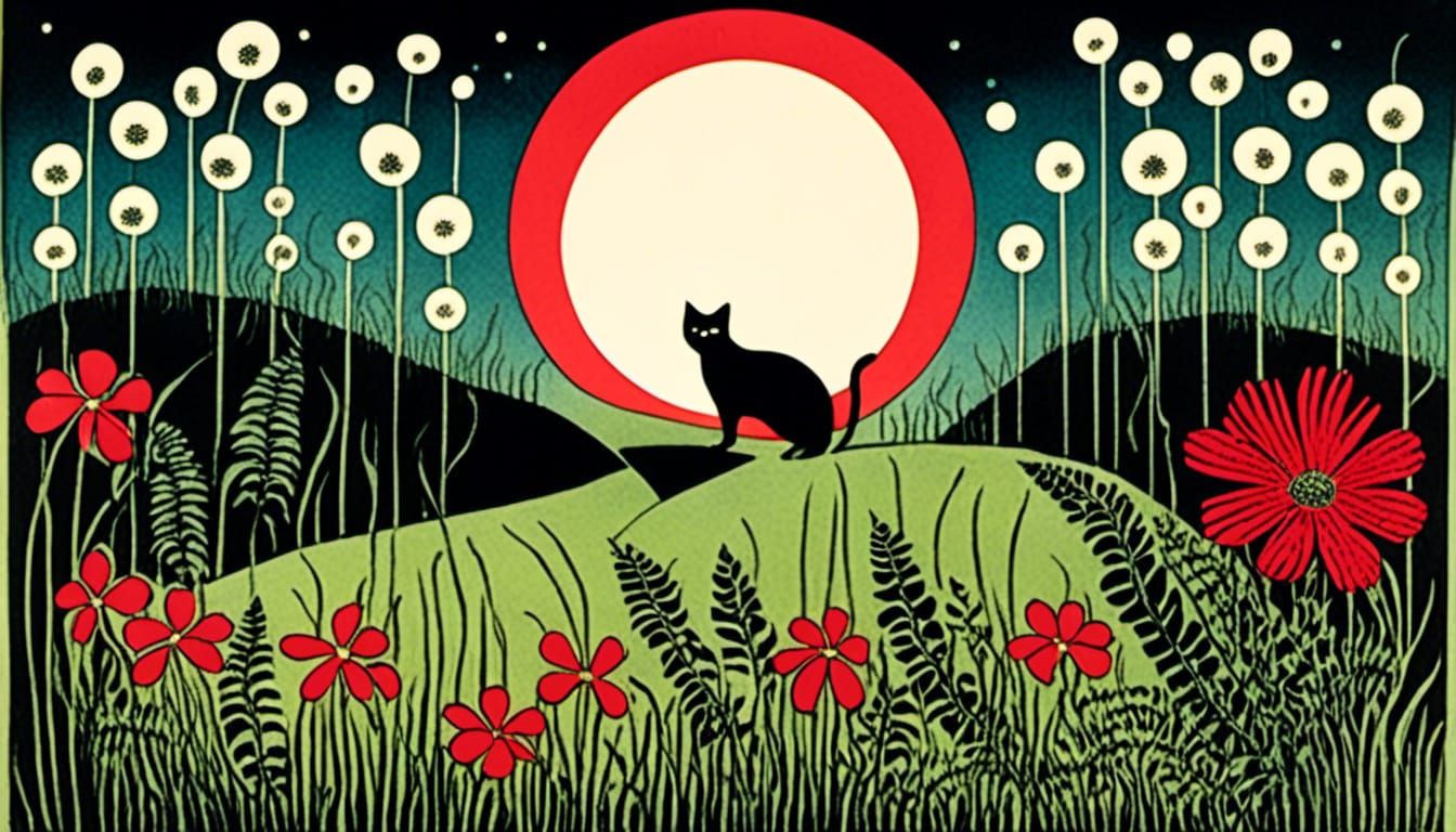 Cat in Meadow, Rufino Tamayo Ink Illustration