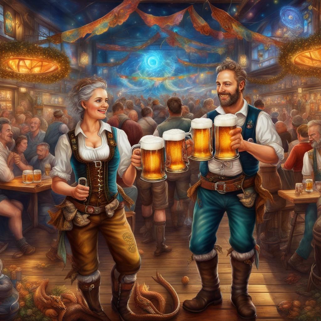 Dragons Celebrate Oktoberfest in Holographic Illustration
