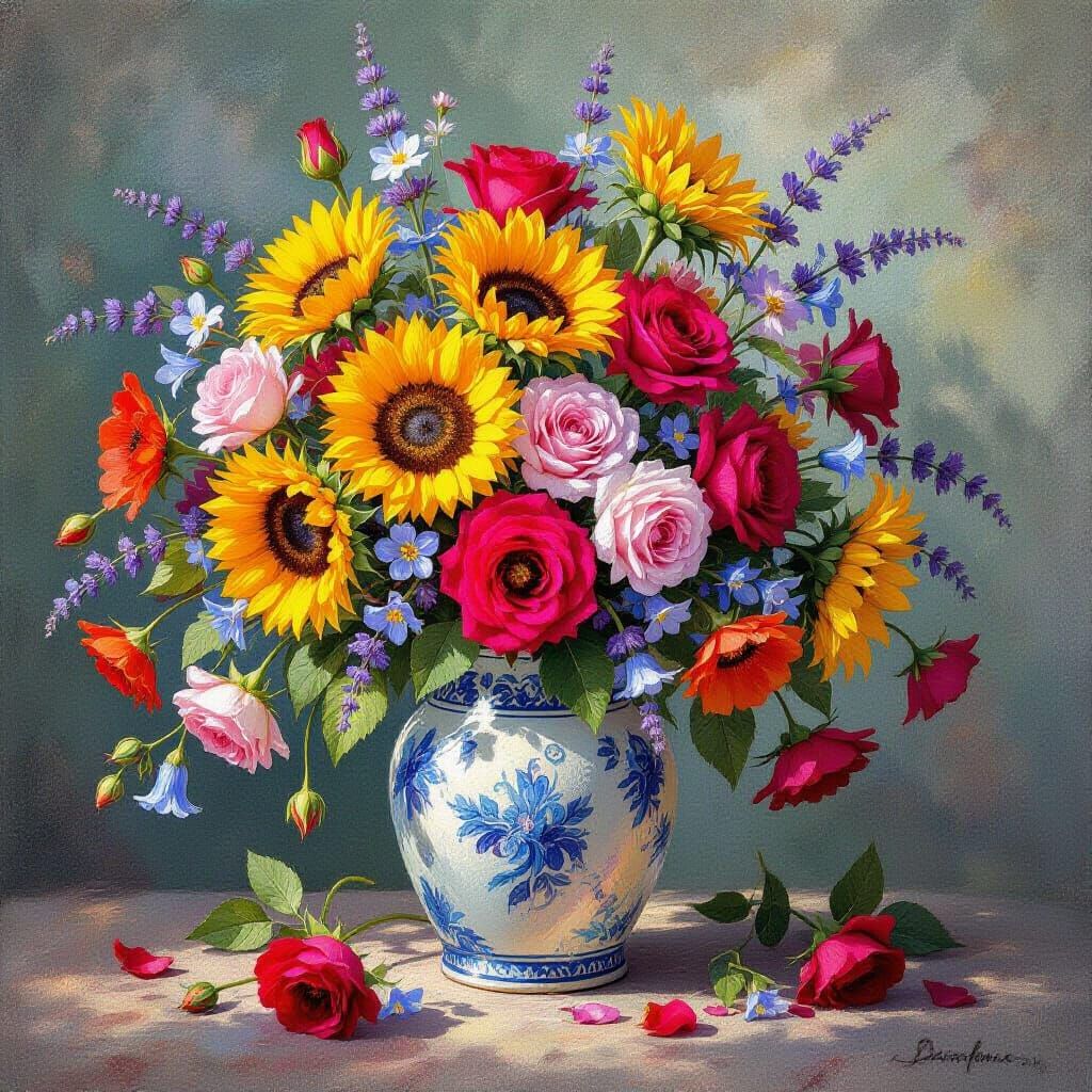 Vibrant Chalk Art of Overflowing Floral Vase