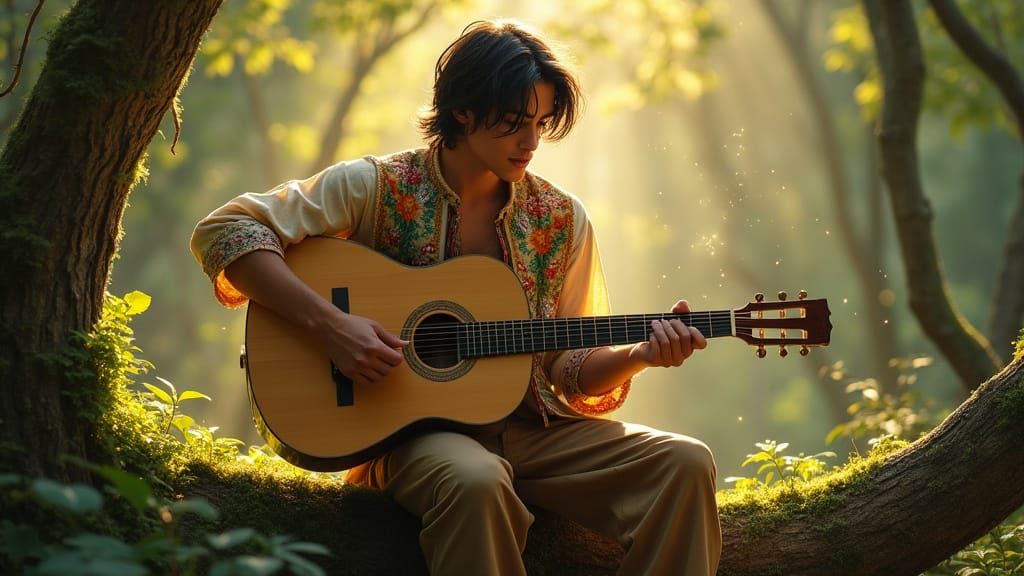 Mystical Bohemian Musician in a Lush Forest