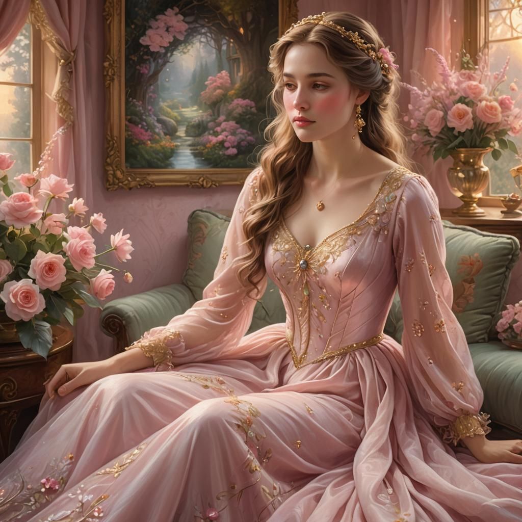 Ethereal Woman in Pink Gown: Fantasy Art