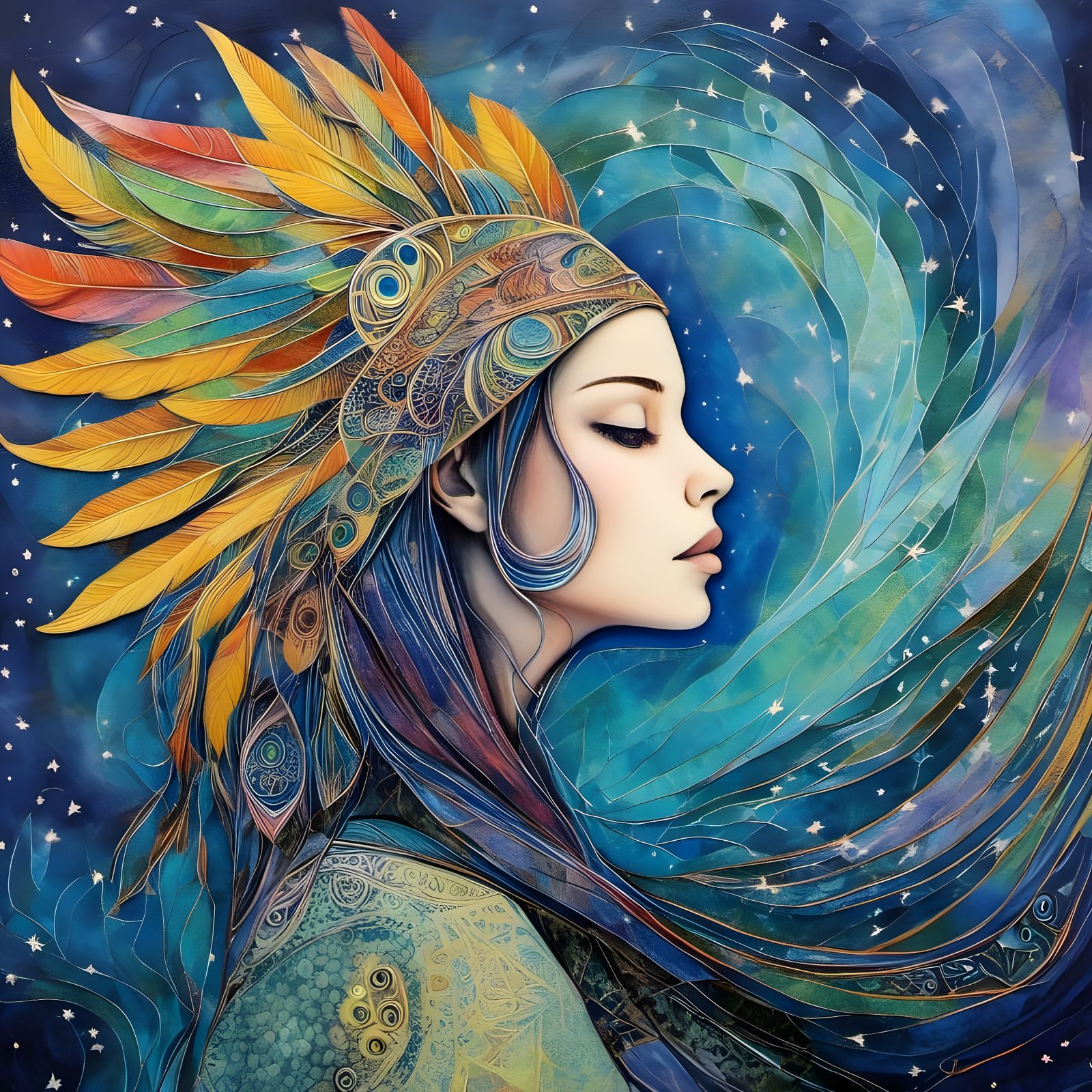 surreal intricate detailing: profile of a female with a radiant blush and whose hair has feather plumage, in periwinkle,...