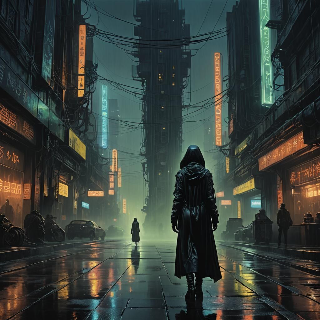 Dystopian Metropolis: Shadow Figure in Neon Light