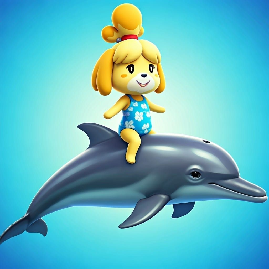 Cheerful Animal Crossing Character Rides Dolphin in Tropical...