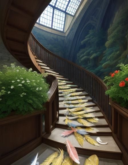 Exquisite Feathers and Flower Petals on Staircase
