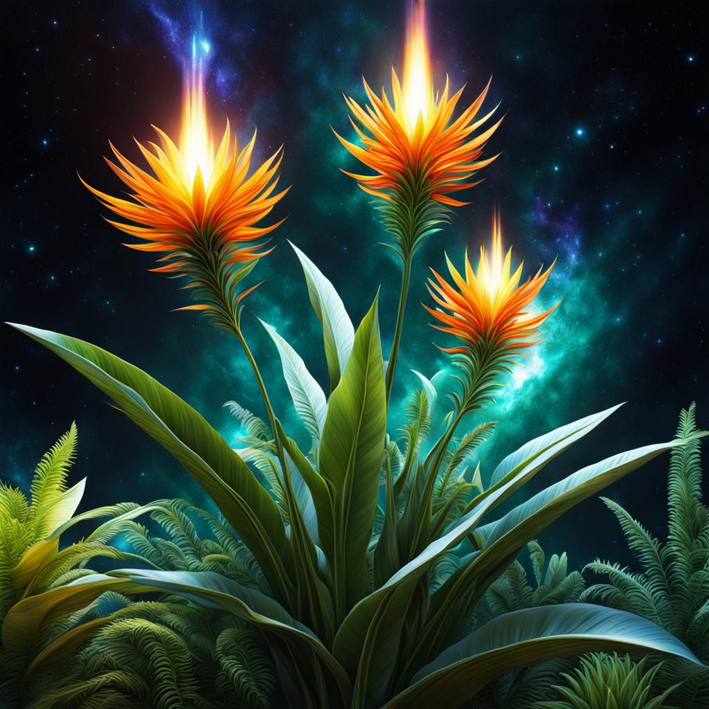 Photorealistic Cosmic Torch Illuminates Futuristic Plants