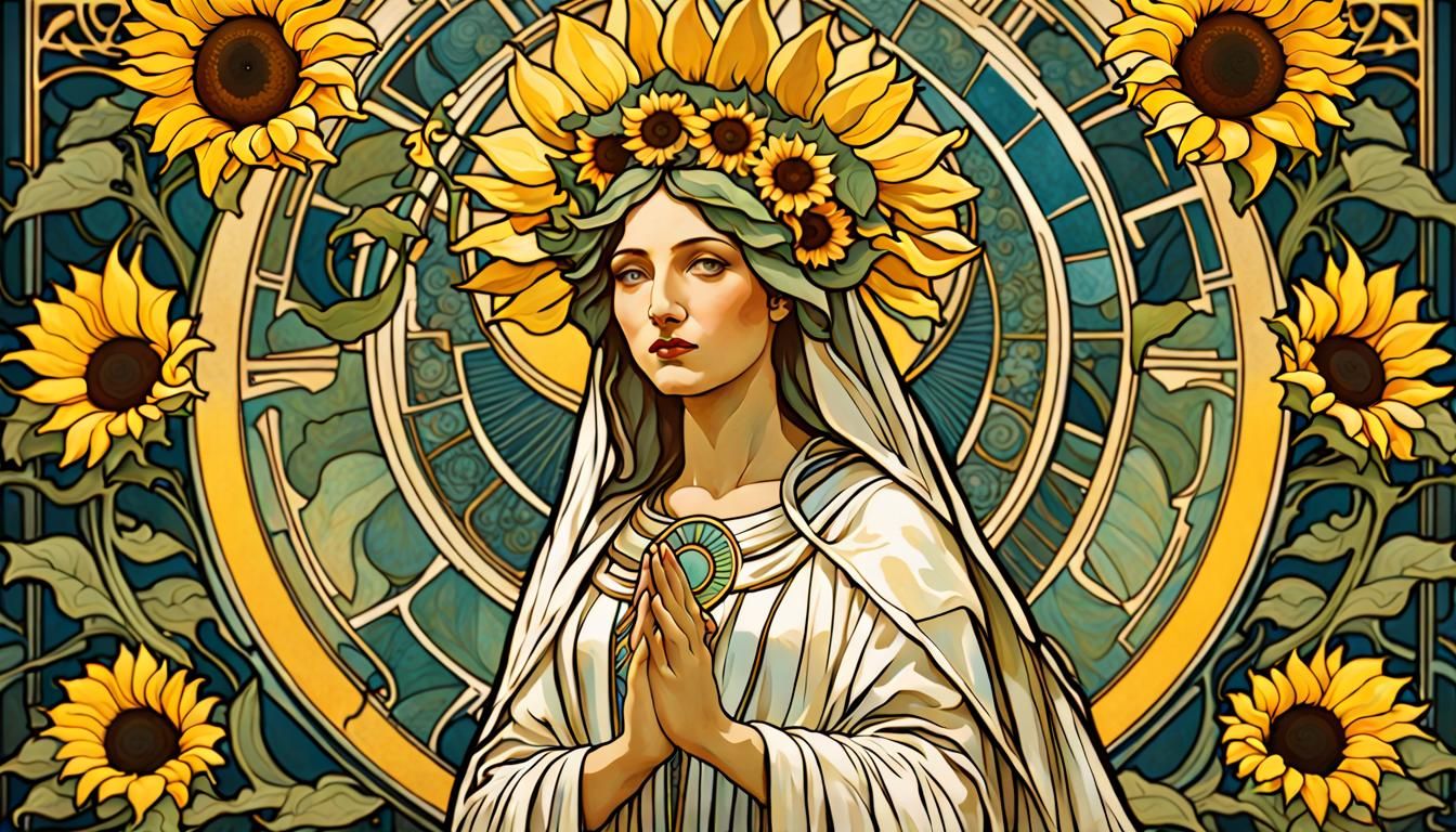Sunflower Goddess Portrait in Art Nouveau Style