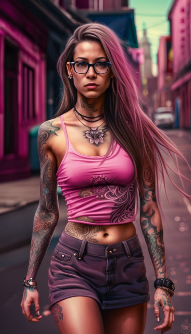 Tattooed Woman in Pink, Detailed Matte Painting