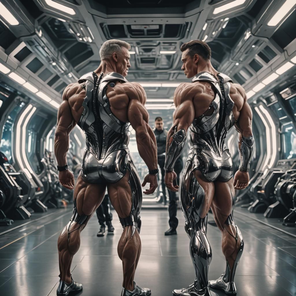 Cybernetic Bodybuilders Kissing on Spaceship in 8k
