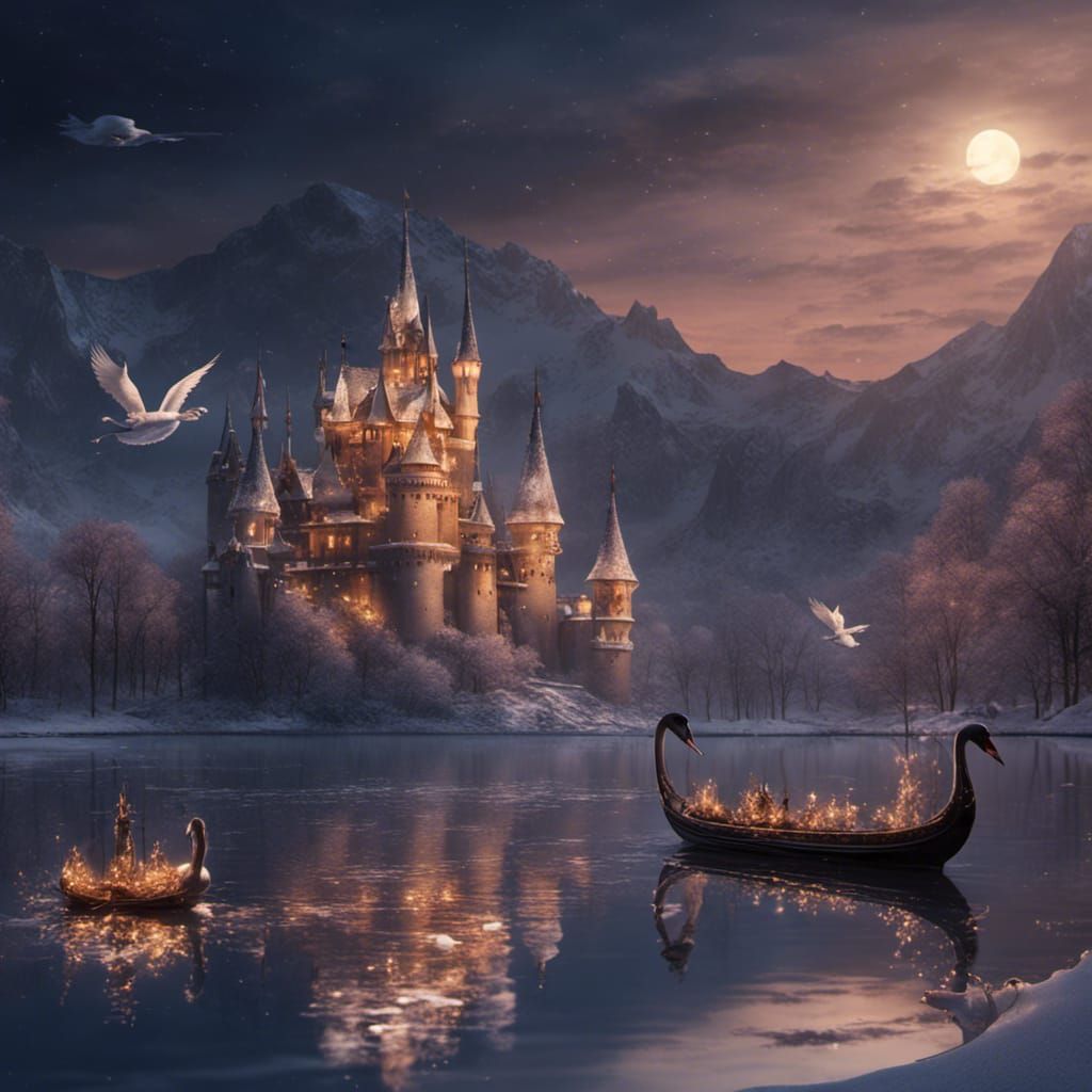 Fantasy Swan Boats on Winter Lake at Night