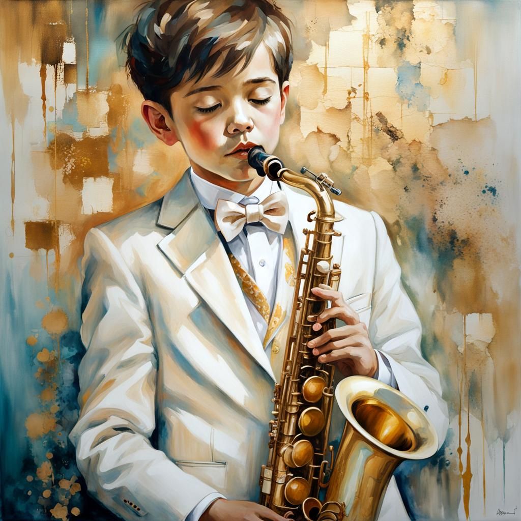 Boy Plays Saxophone in Asian-Inspired Pastel Art