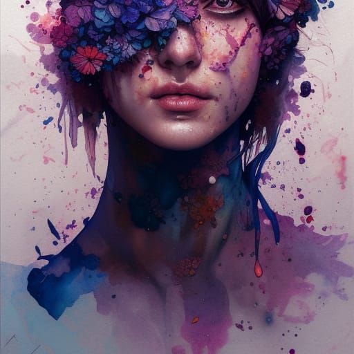 Floral Portrait in Watercolor Splatter Art Style