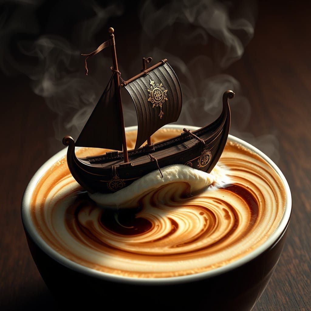 Chocolate Viking Longship Rises from Coffee in Epic Fantasy....