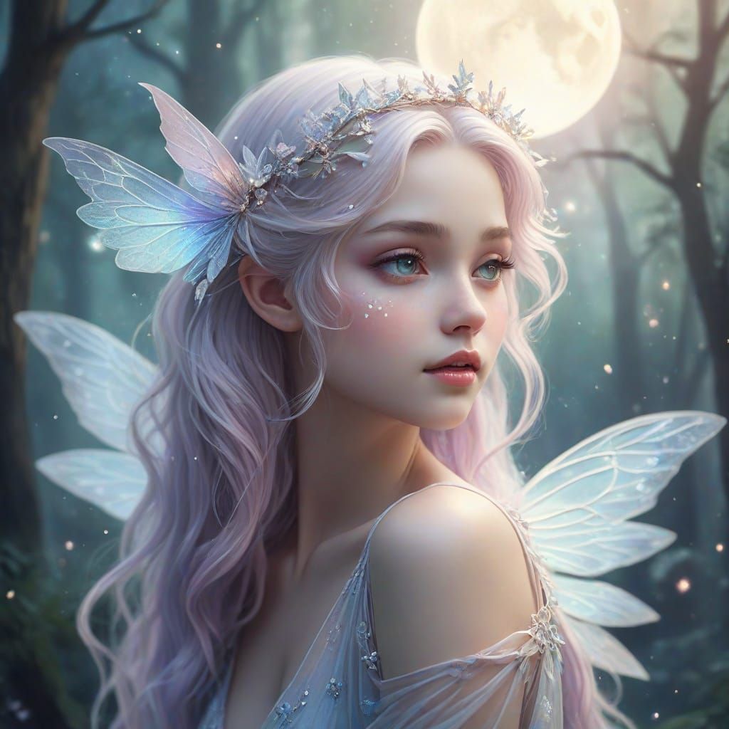 Moon Fairy with Starlight Hair in Watercolor Style