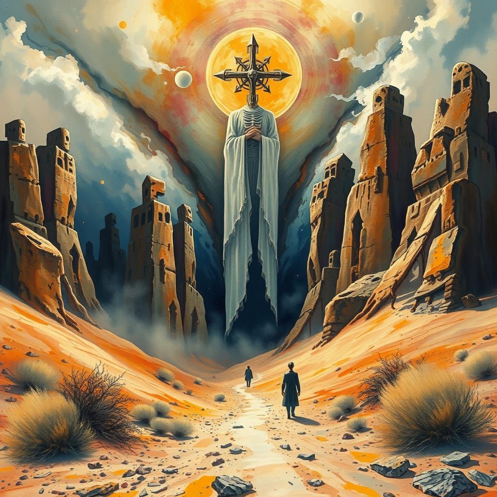 Surreal Desert God: Impasto Watercolor Art Deco