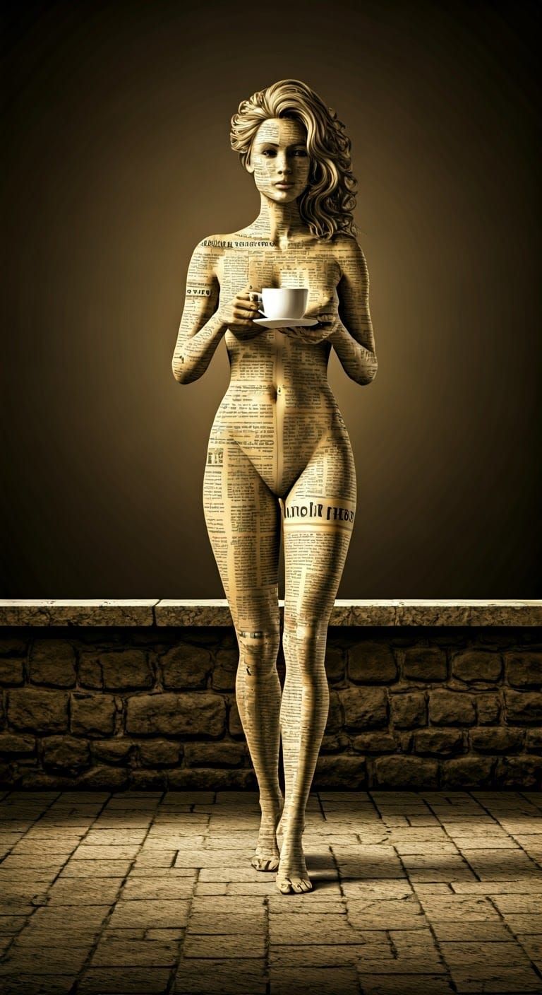 Newspaper Woman on Stone Terrace, Detailed Realism