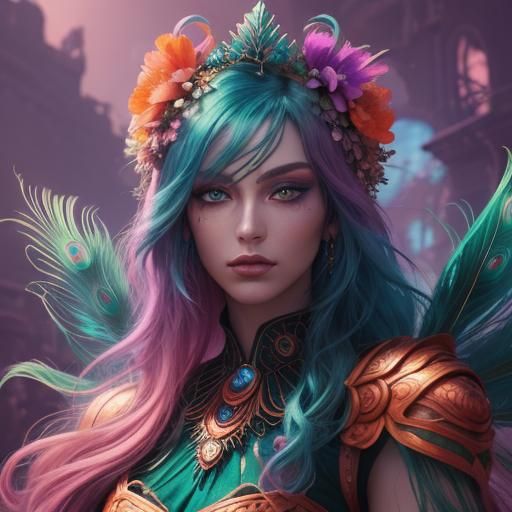 Fantasy Woman with Peacock Feathers and Neon Lighting