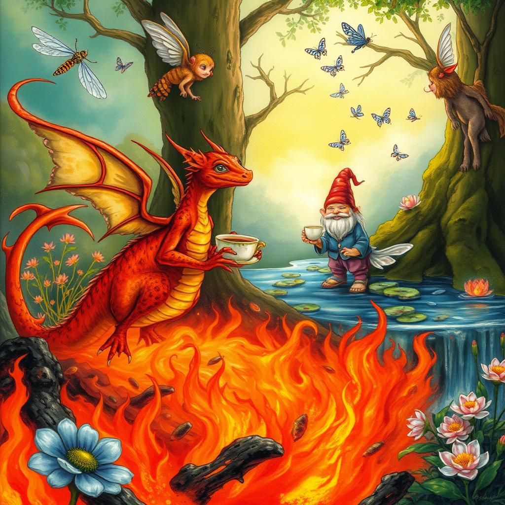 Elemental Sprites in Dreamlike Arthur Rackham Inspired Scene