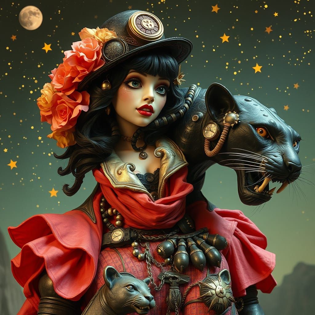 Steampunk Woman with Panther Sculpture and Stars